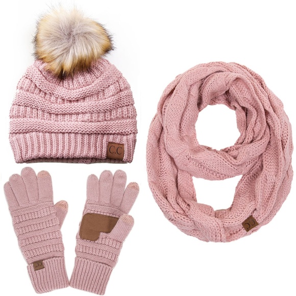 C.C 3pc Knit Warm Pom Beanie Gloves Scarves Set